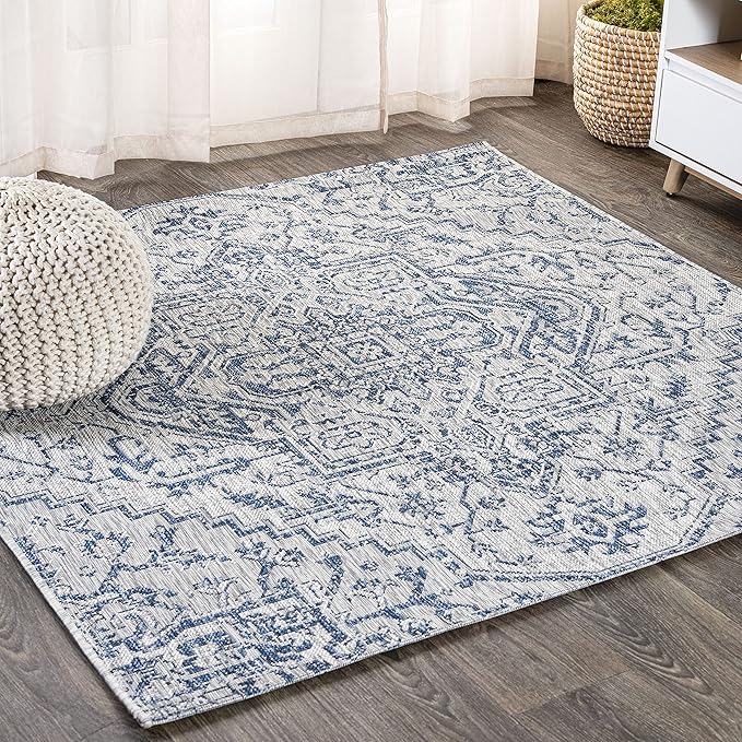 JONATHAN Y Boho Medallion Indoor Outdoor Square Area Rug 9X9 Navy/Gray by JONATHANY