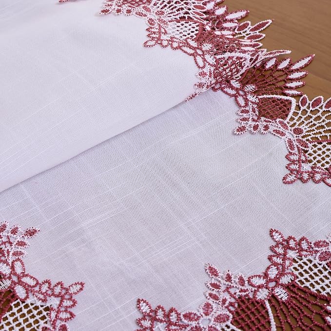 White Dark Red Linen Lace Table Runner 36 inches Dresser Scarf | Dresser Runner - Image 6