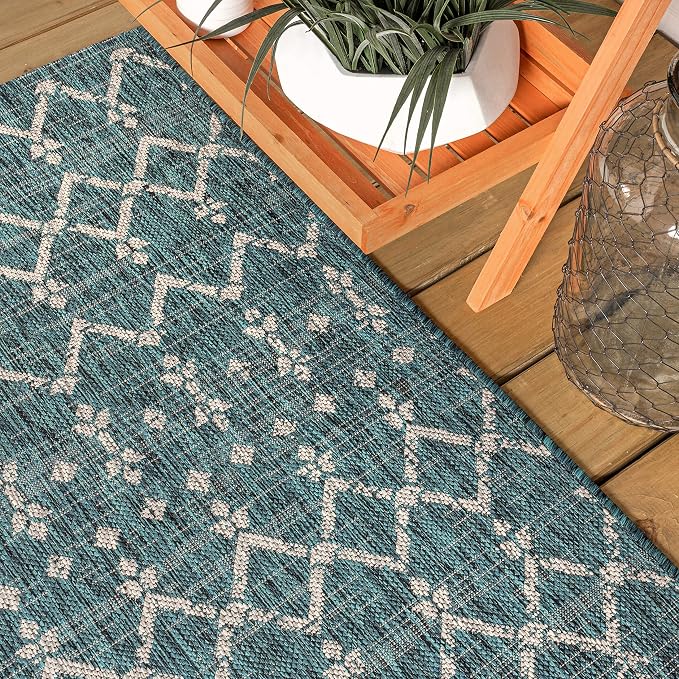 JONATHAN Y Moroccan Geometric Indoor Outdoor Round Area Rug 6 Ft Teal/Gray - Image 8