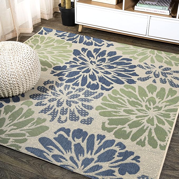 JONATHAN Y Floral Textured Weave Indoor Outdoor Square Area Rug 8X8 Navy/Green by JONATHANY
