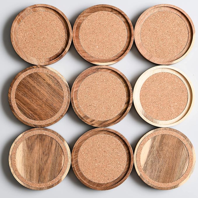 Acacia Wood Coasters for Drinks, 4.13 Inch, Absorbent and Insulation Cork - Image 4