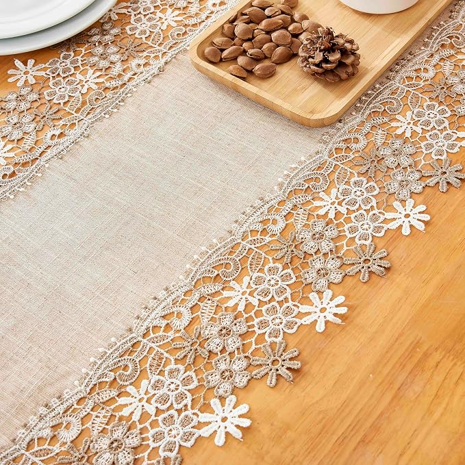 Natural Neutral Earth Tones Beige Floral Lace Table Runner Dresser Scarf 36 - Image 6