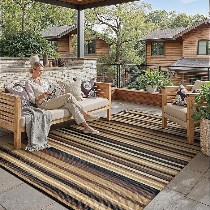 Outdoor Plastic Straw Rug Waterproof Patio 6x9 Brown Black Stripe Mat by WondRg