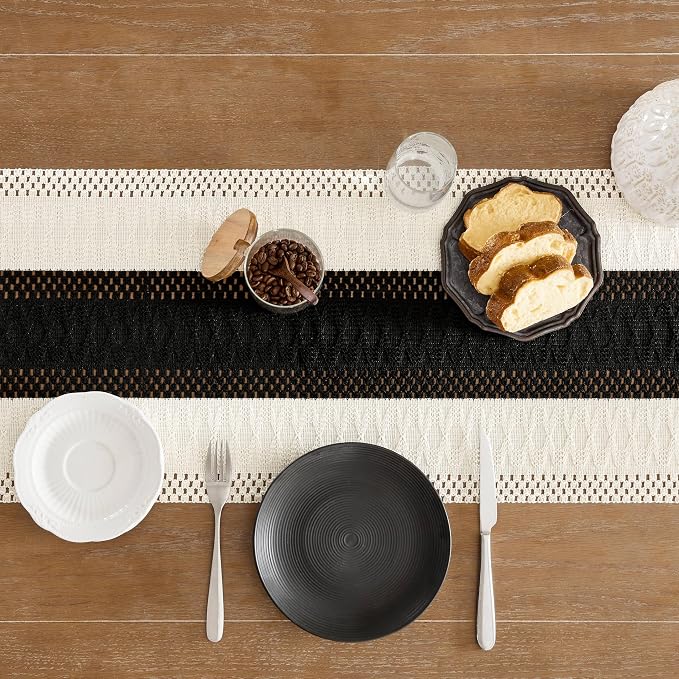 Macrame Style Bicolor Stitching Table Runner 14x36in Black | Woven Boho Table - Image 5