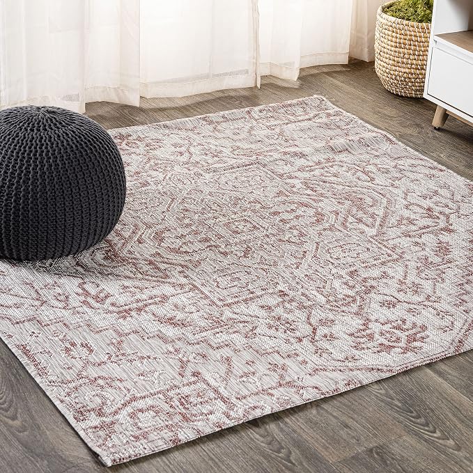 JONATHAN Y Boho Medallion Indoor Outdoor Square Area Rug 3X3 Red/Taupe by JONATHANY