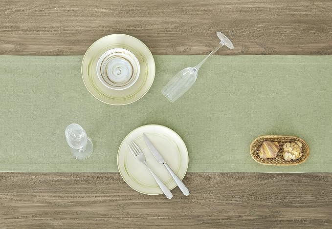 Basic Linen Style Table Runner, 14x36 Inch Sage Green | Mitered Corner Design - Image 3