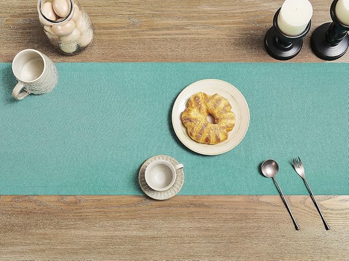Basic Linen Style Table Runner, 14x36 Inch Teal | Mitered Corner Design - Image 3
