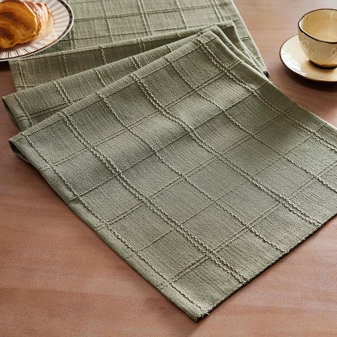 Linen Checked Farmhouse Table Runner, 13x72 Inches Olive | Raised Grid Design by ZEEMARTONLINE