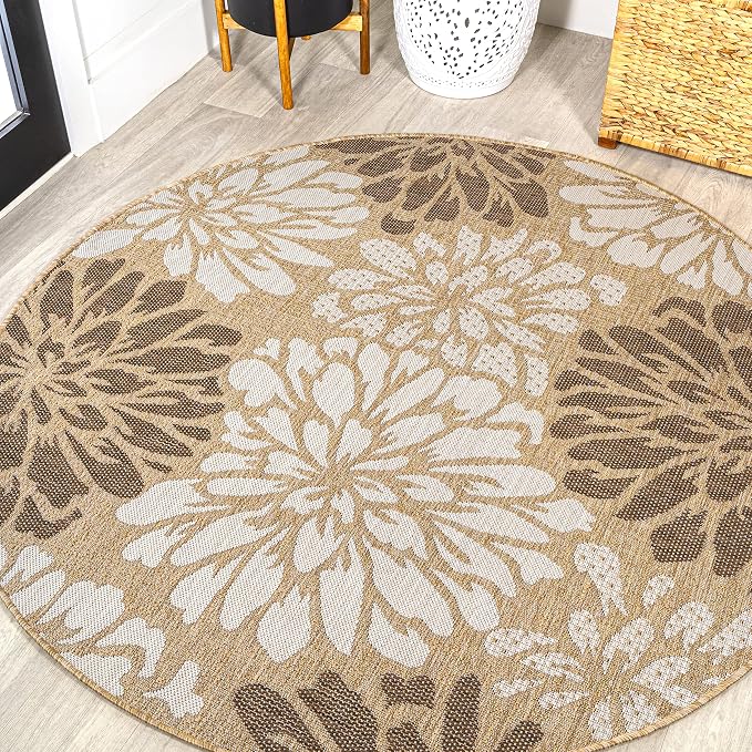 JONATHAN Y Floral Textured Weave Indoor Outdoor Round Area Rug 5 Ft Brown/Cream by JONATHANY