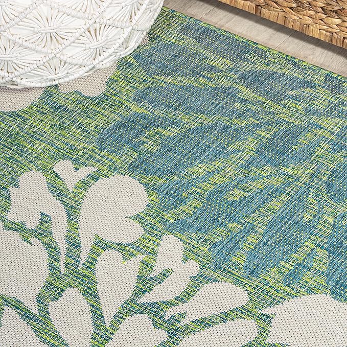 JONATHAN Y Floral Textured Weave Indoor Outdoor Square Area Rug 5X5 Cream/Green - Image 3