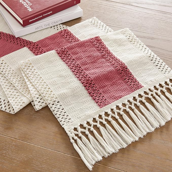 Macrame Style Bicolor Stitching Table Runner 14x36in Dusty Rose | Woven Boho - Image 7
