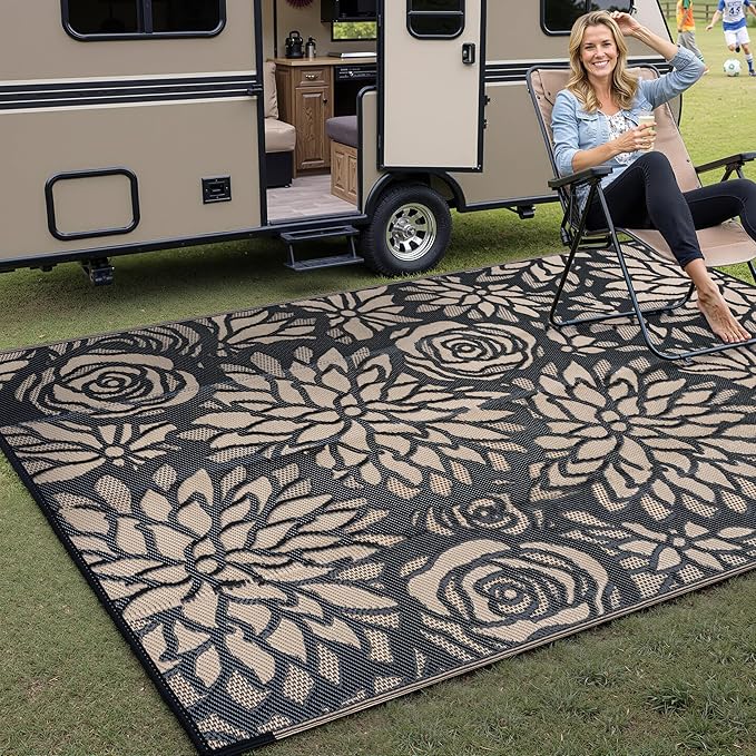 Outdoor Plastic Straw Rug Waterproof Patio 6x9 Black Brown Floral Mat - Image 3