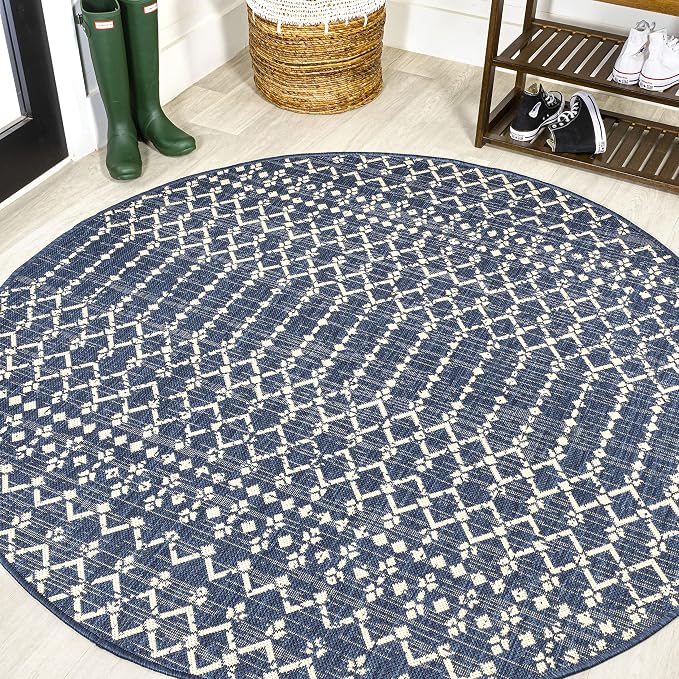 JONATHAN Y Moroccan Geometric Indoor Outdoor Round Area Rug 5 Ft Navy/Beige by JONATHANY