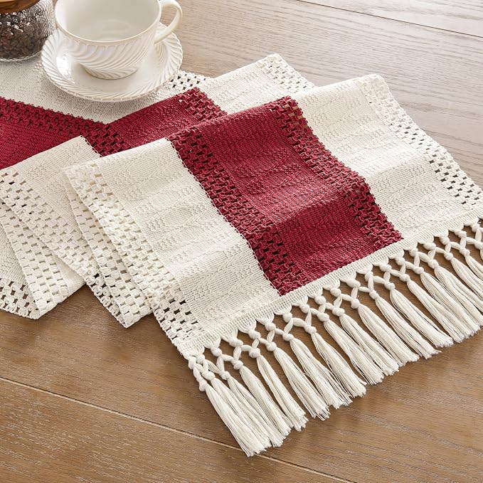 Macrame Style Bicolor Stitching Table Runner 14x48in Red | Woven Boho Table - Image 7
