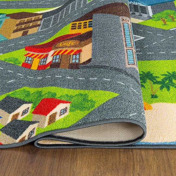 KC Cubs 5x7 City Streets Car Road Rug – Educational Non-Slip Play Mat for Kids, Toddlers, Nursery, Classroom, Playroom, Baby Daycare, Boy Girl Carpet