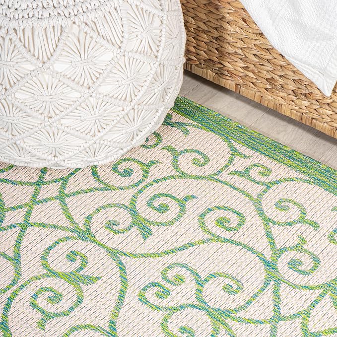 JONATHAN Y Vintage Filigree Indoor Outdoor Round Area Rug 5 Ft Cream/Green - Image 5