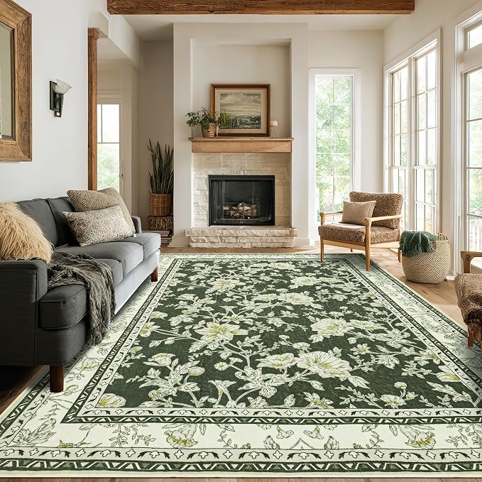 Olive Green Floral 5x7 Area Rug Vintage Boho Washable Printed Rug - Image 8