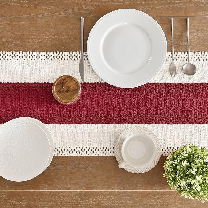 Macrame Style Bicolor Stitching Table Runner 14x90in Red | Woven Boho Table - Image 5