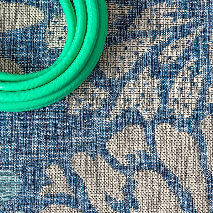 JONATHAN Y Floral Textured Weave Indoor Outdoor Square Area Rug 4X4 Navy/Aqua - Image 3