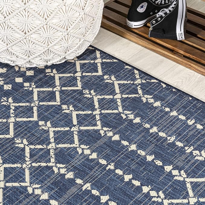 JONATHAN Y Moroccan Geometric Indoor Outdoor Round Area Rug 5 Ft Navy/Beige - Image 3