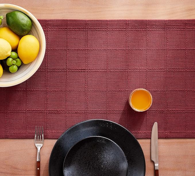 Linen Checked Farmhouse Table Runner, 13x72 Inches Burgundy | Raised Grid Design - Image 7