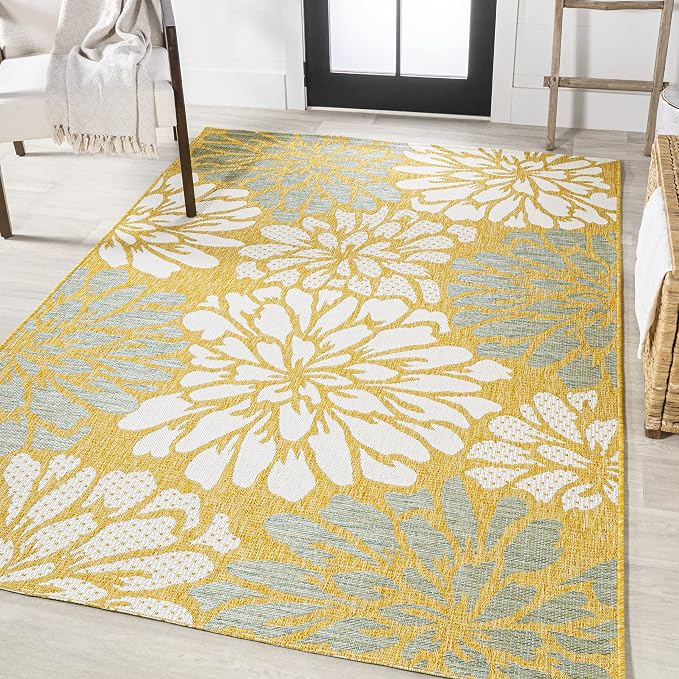 JONATHAN Y Floral Textured Weave Indoor Outdoor Area Rug 4X6 Yellow/Cream - Image 3