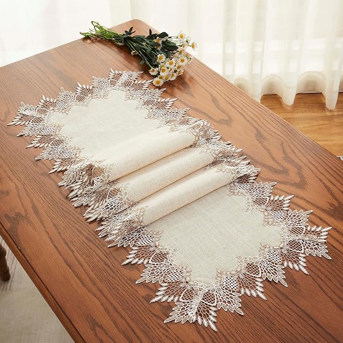 Natural Linen Table Runner 120 inches Beige Lace Coffee Table Runner | French - Image 5