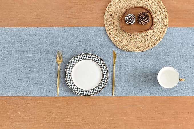 Wracra Linen Table Runner, Burlap Dusty Blue Table Runners 36 Inches Long | - Image 2