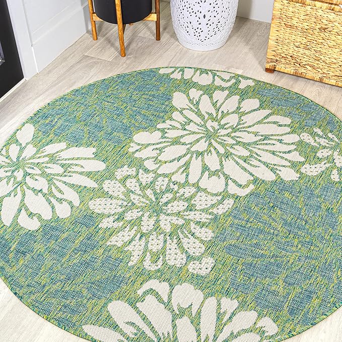 JONATHAN Y Floral Textured Weave Indoor Outdoor Round Area Rug 6 Ft Cream/Green by JONATHANY