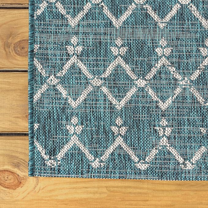 JONATHAN Y Moroccan Geometric Indoor Outdoor Round Area Rug 4 Ft Teal/Gray - Image 7