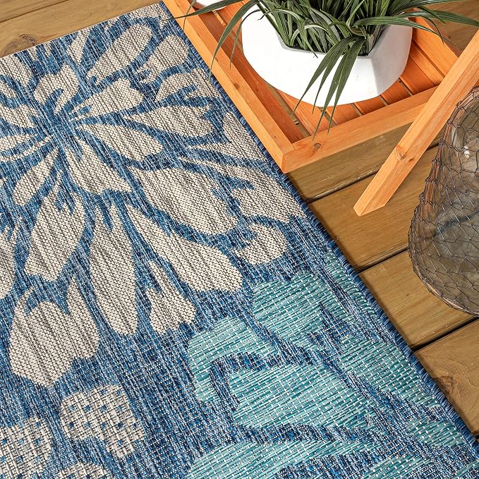 JONATHAN Y Floral Textured Weave Indoor Outdoor Area Rug 5X8 Navy/Aqua - Image 7